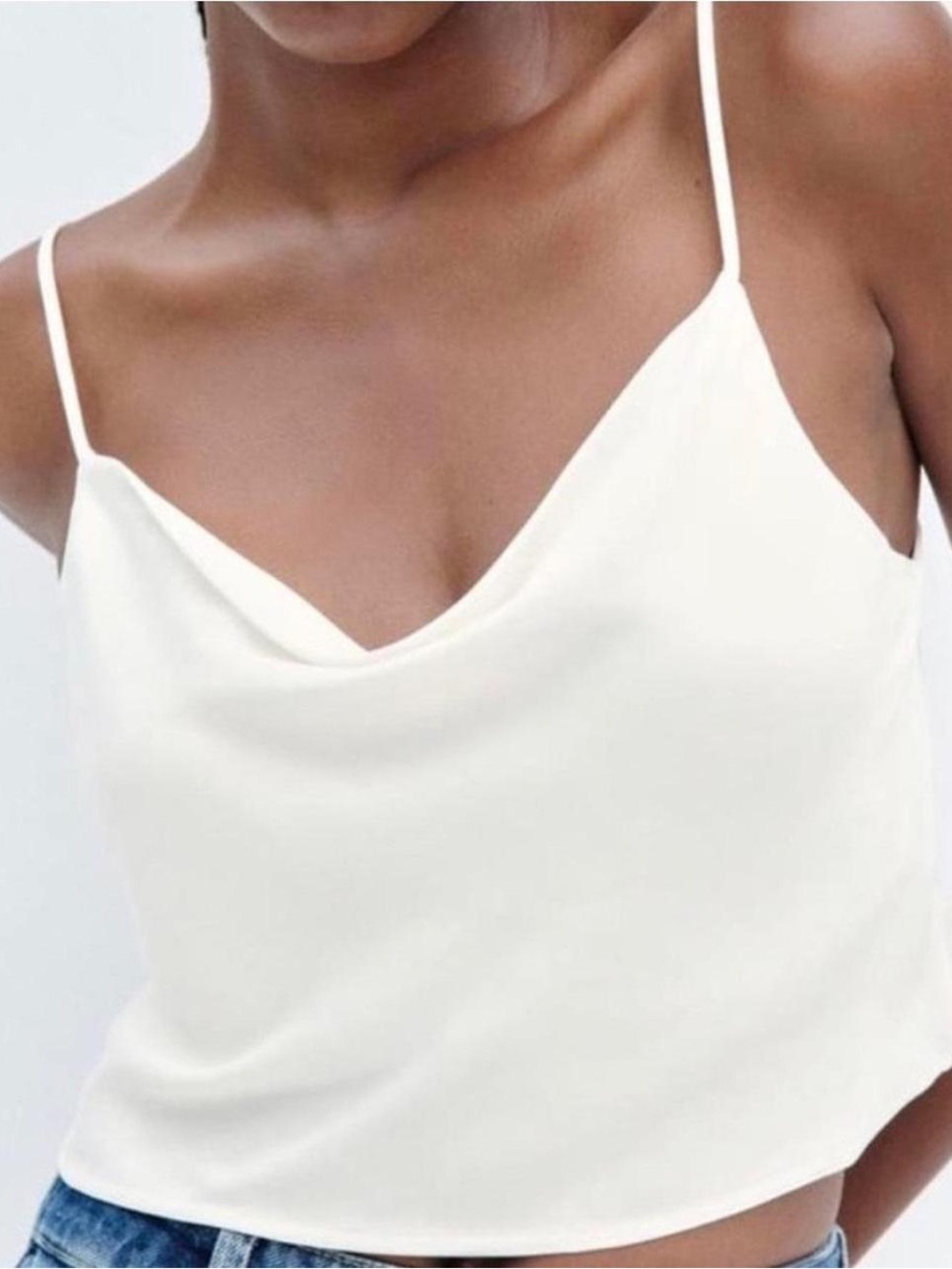 Zara White Satin Cowl Neck Slip Spaghetti Strap Lined Top - Women’s XS